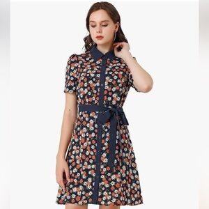 Allegra K Navy Floral Women’s Dress with tie belt